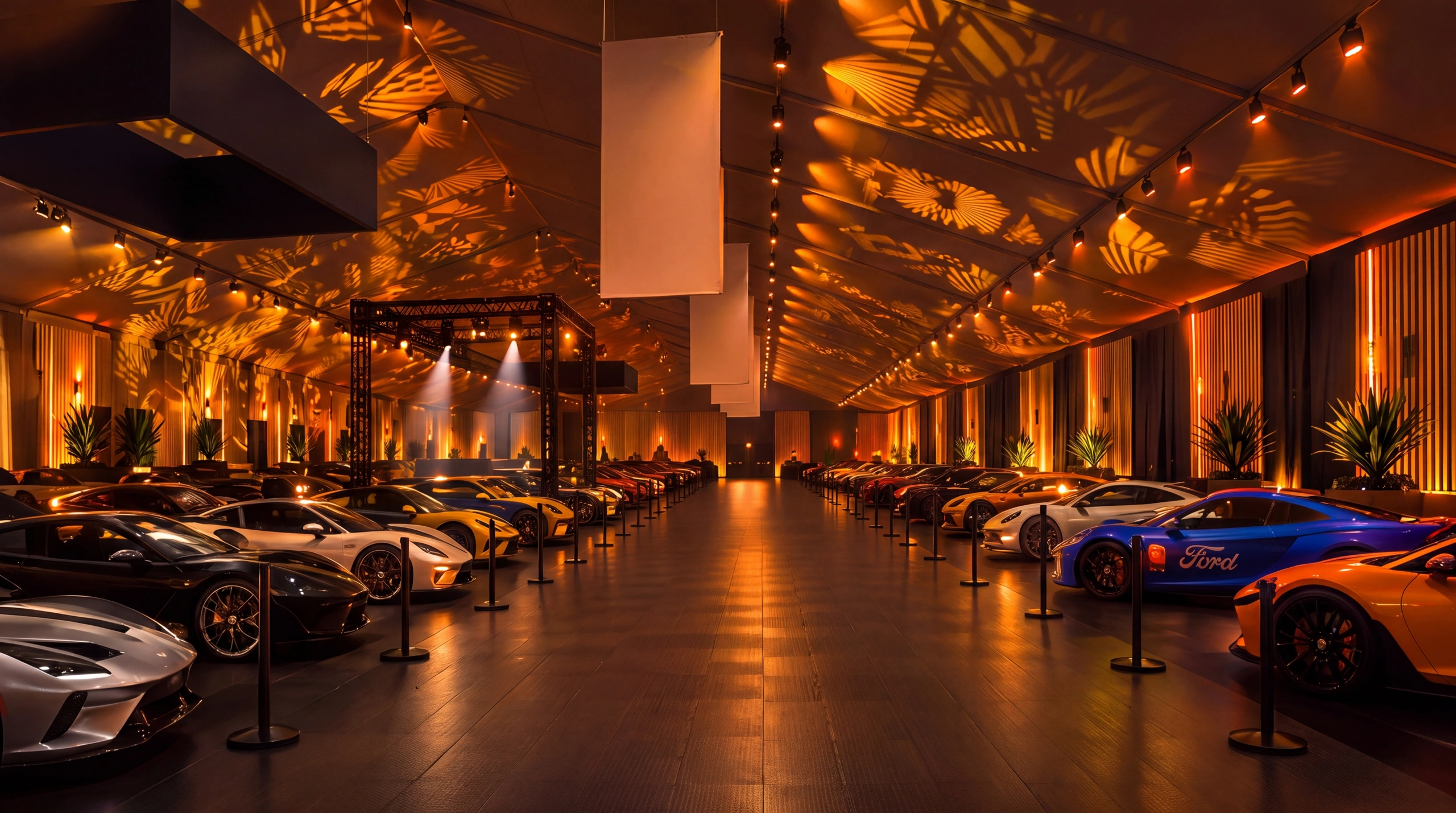Amber-lit Barrett Jackson automotive concept, composed through diagonal openings