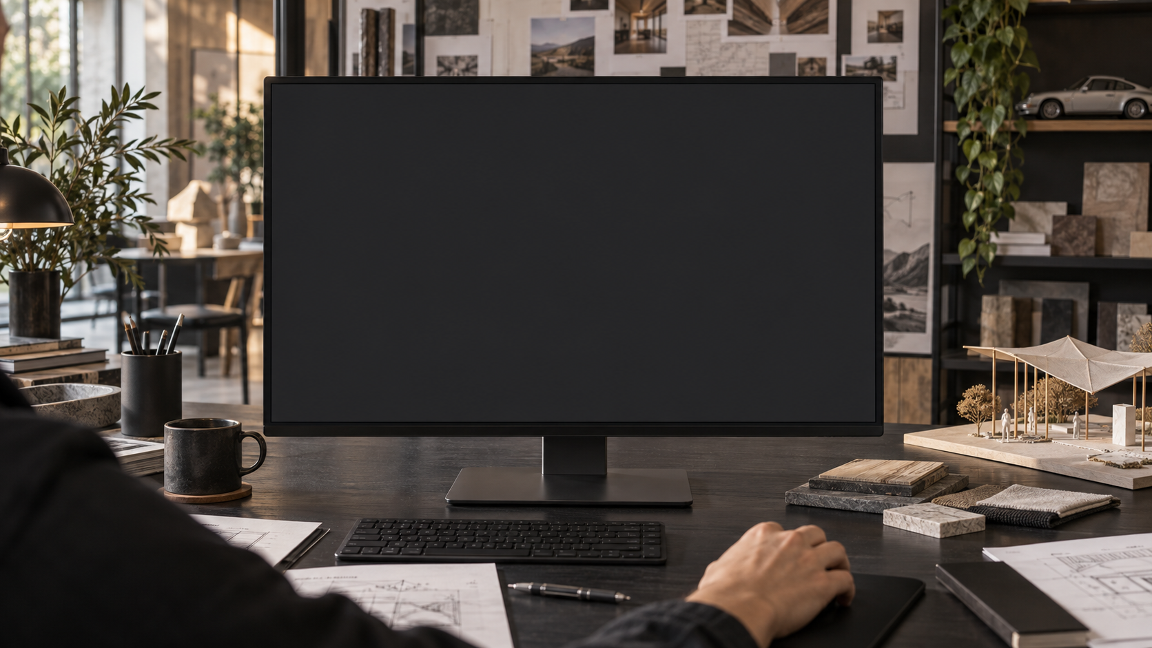 Illustrative design-studio setting: welcome screen on a desktop workstation