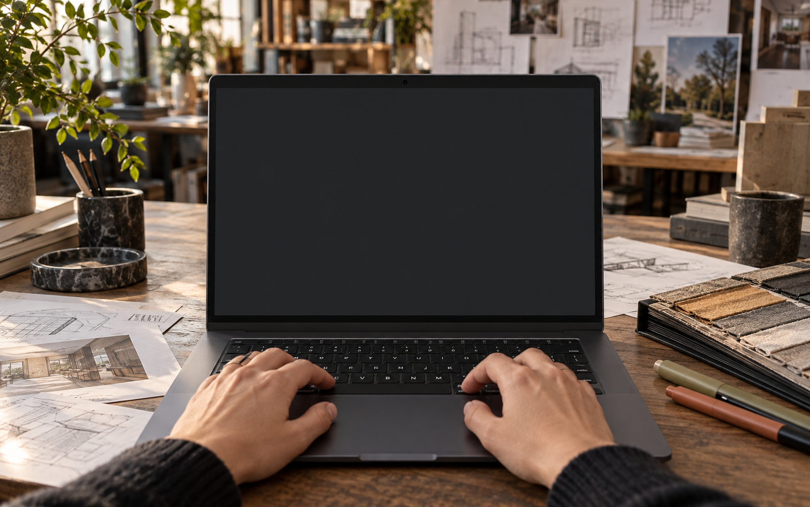Illustrative design-studio setting: production dashboard on a laptop