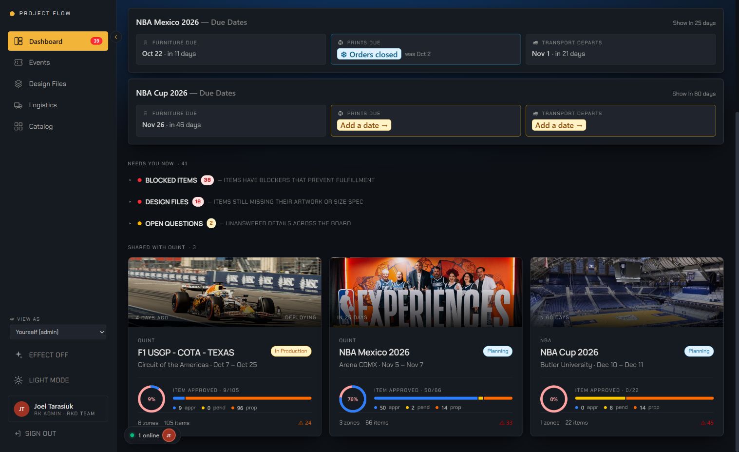Project Flow / Production dashboard on a laptop