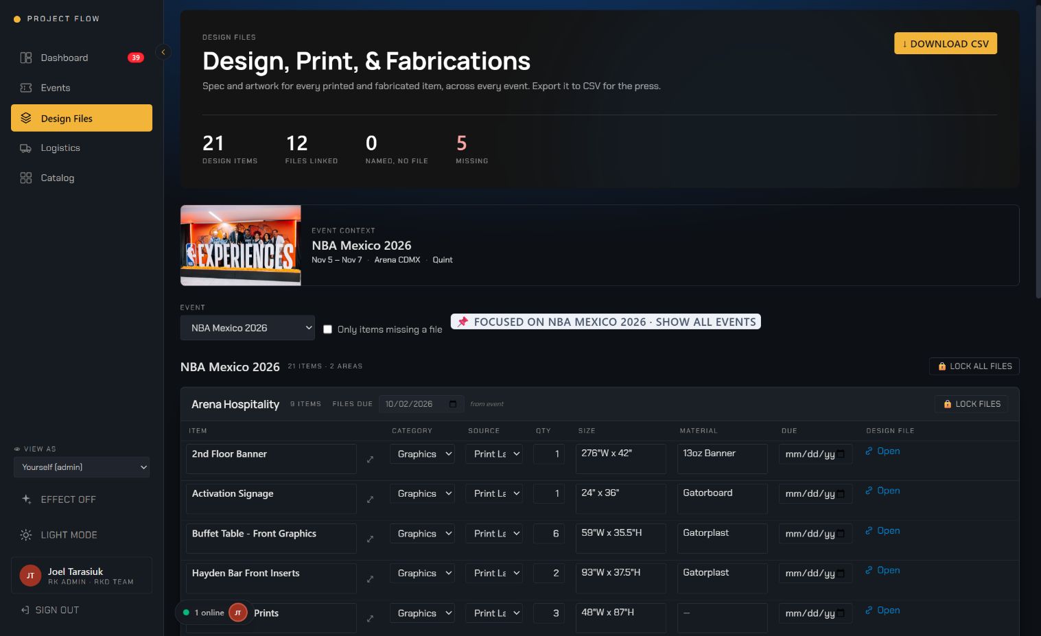Project Flow / Design Files on a tablet