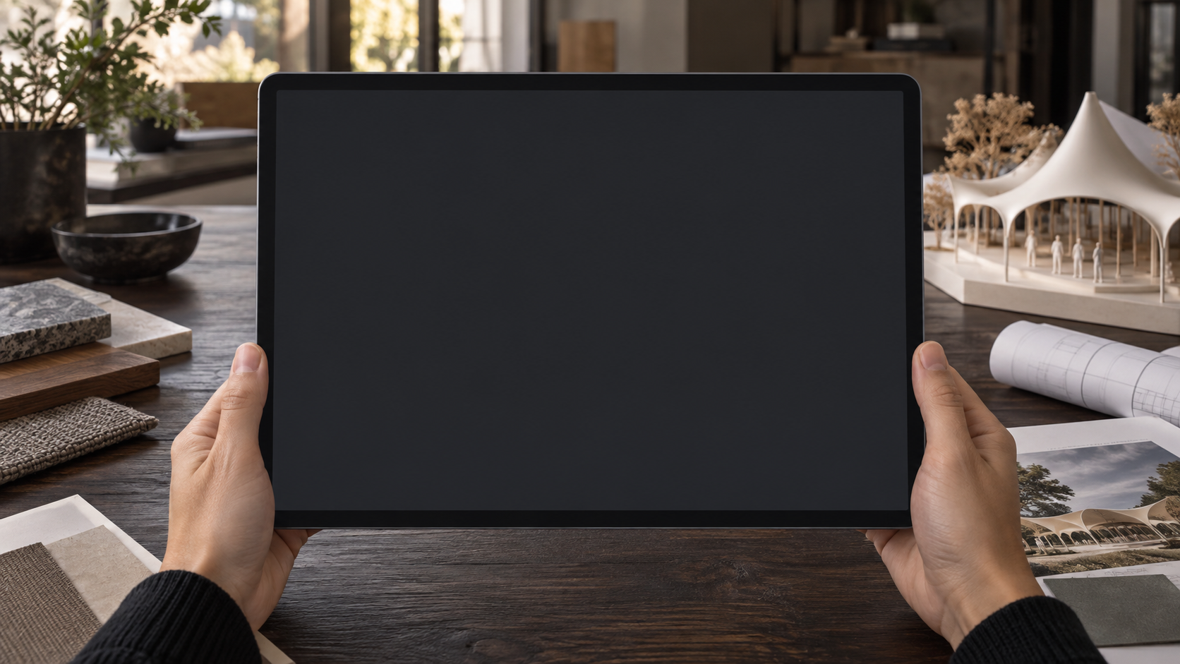 Illustrative design-studio setting: design files on a tablet