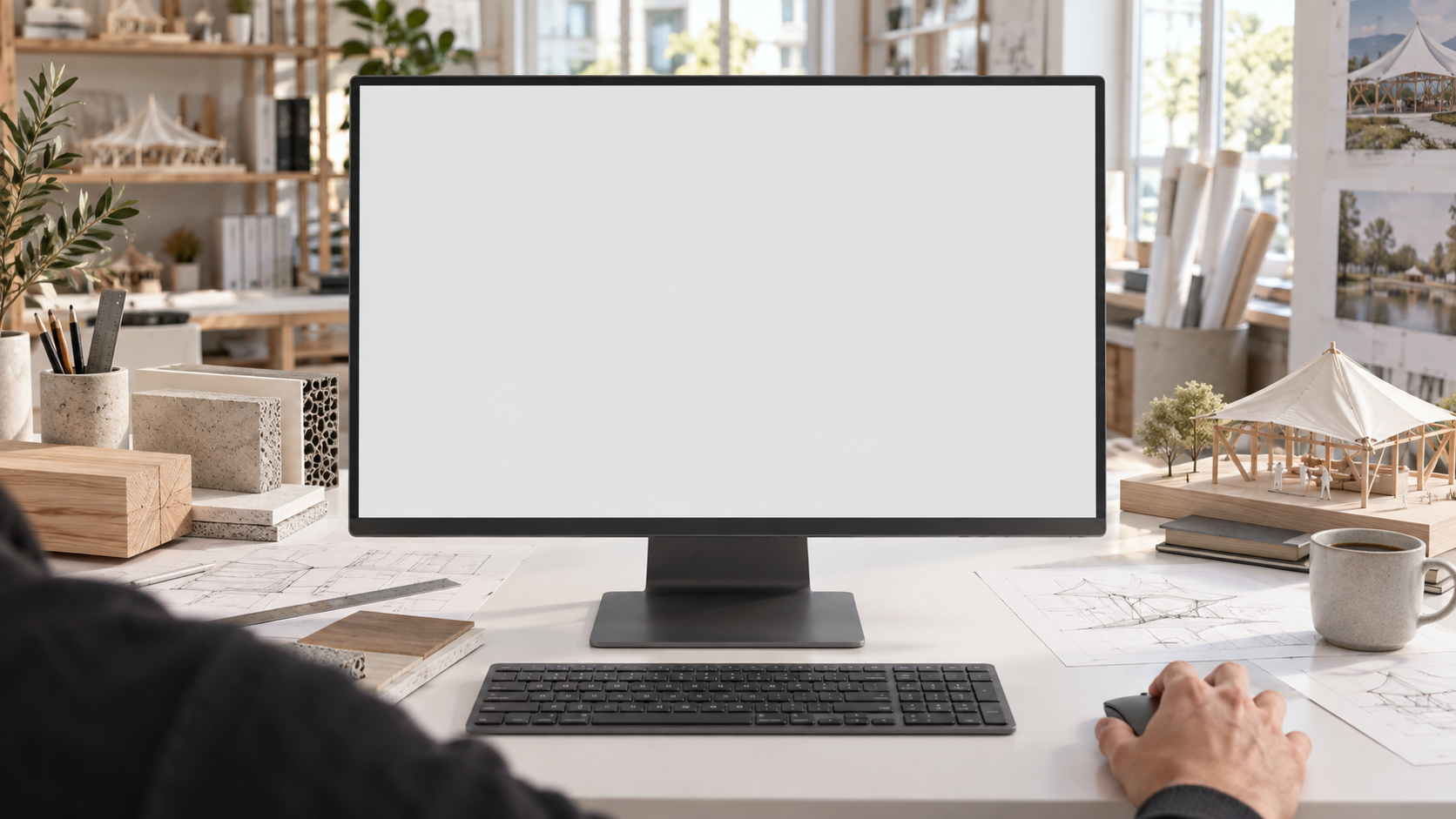 Illustrative design-studio setting: a designer using a desktop