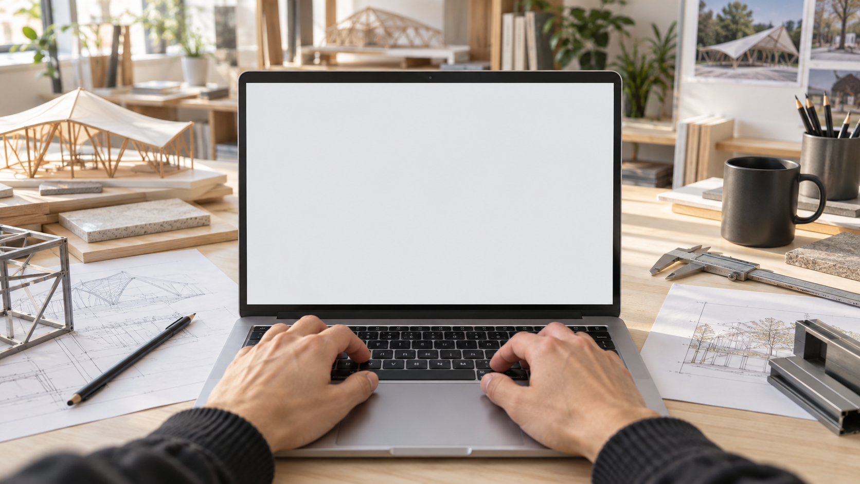 Illustrative design-studio setting: a designer using a laptop