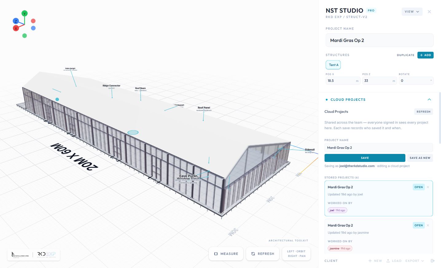 NST CAD Studio / Configured 20m × 60m structure with the project and shared-workspace controls visible.