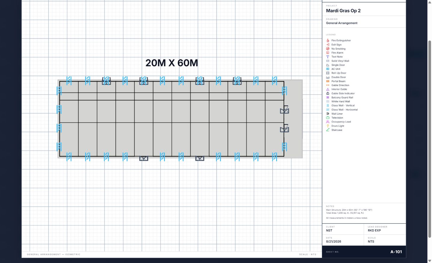 NST CAD Studio / Review the 20m × 60m general arrangement, symbol legend and technical sheet information.