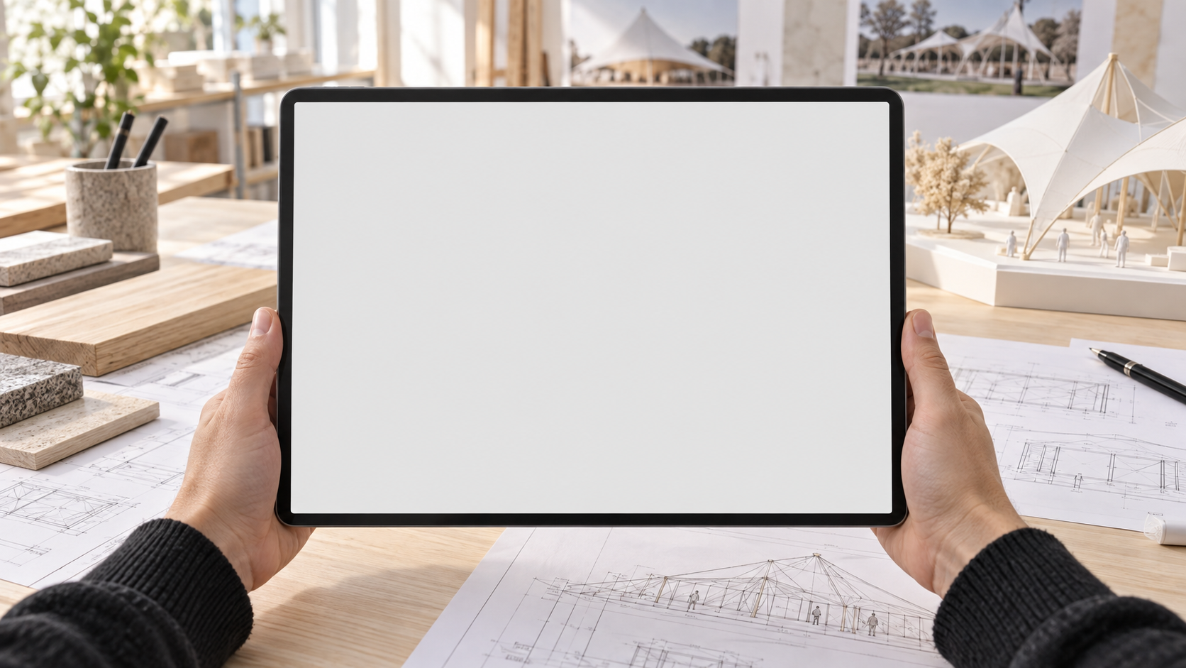 Illustrative design-studio setting: a designer using a tablet