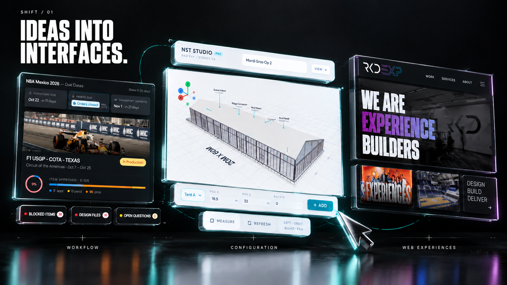Digital interface assembly concept: Project Flow workflow cards, NST CAD configuration tools and RKD website layouts